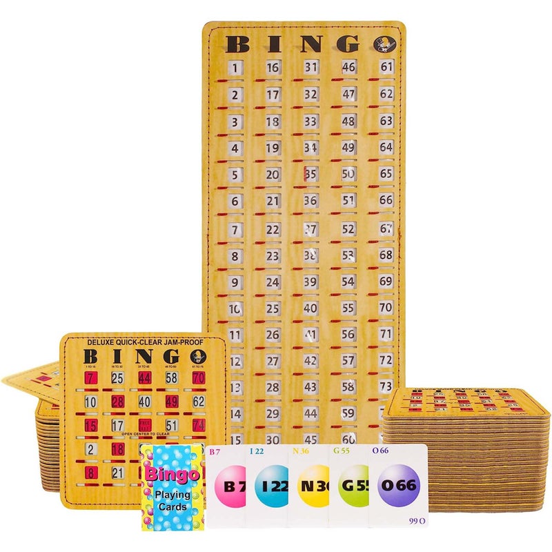 MR CHIPS Jam-Proof Bingo Cards with Sliding Windows, 50 Reusable Shutter Cards, 75 Calling Cards 1 Master Board in Woodgrain Style - Image 1